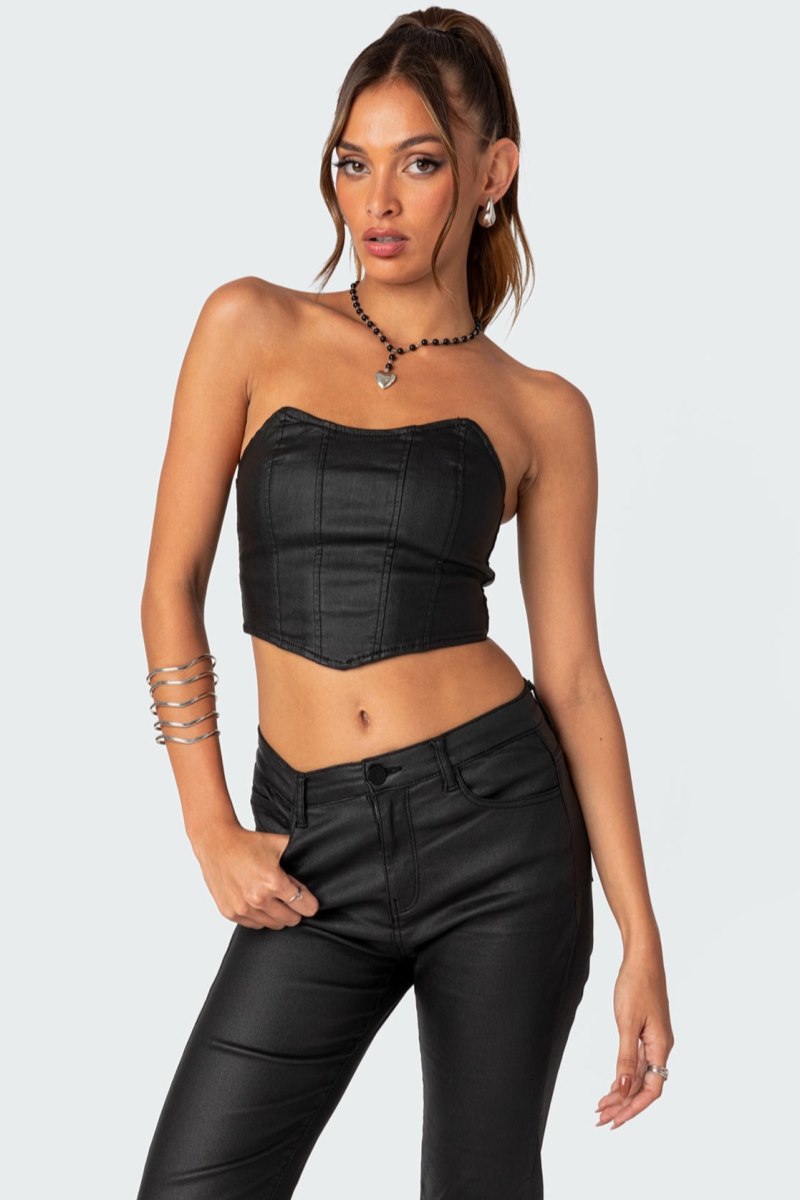 Edikted Luna Faux Leather Stretch Corset Black | USA KY909500B6