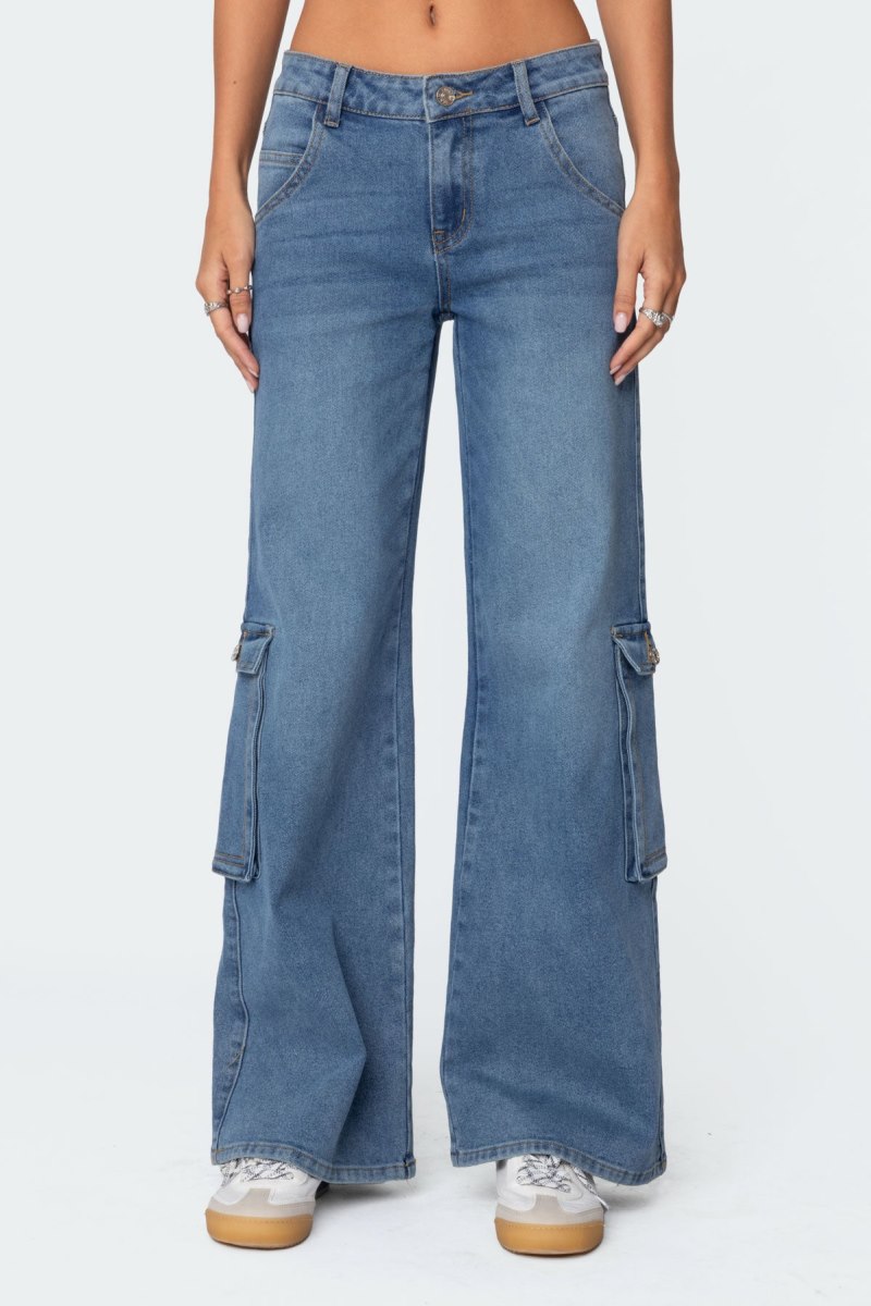 Edikted Lunar Low Rise Cargo Jeans Blue Washed | USA MY856505V4