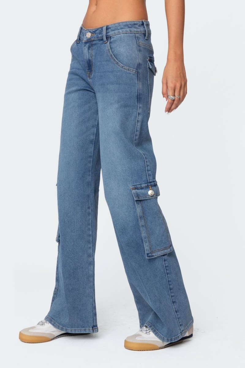 Edikted Lunar Low Rise Cargo Jeans Blue Washed | USA MY856505V4