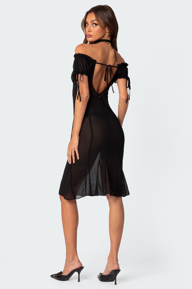 Edikted Lush Sheer Chiffon Midi Dress LBD Black | USA JD456675Z2