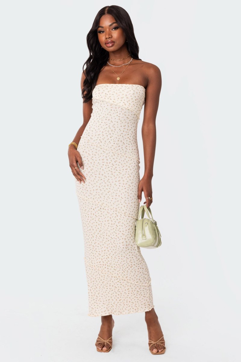 Edikted Lynn Ribbed Maxi Dress Maxi Dress Cream | USA DA057315S5