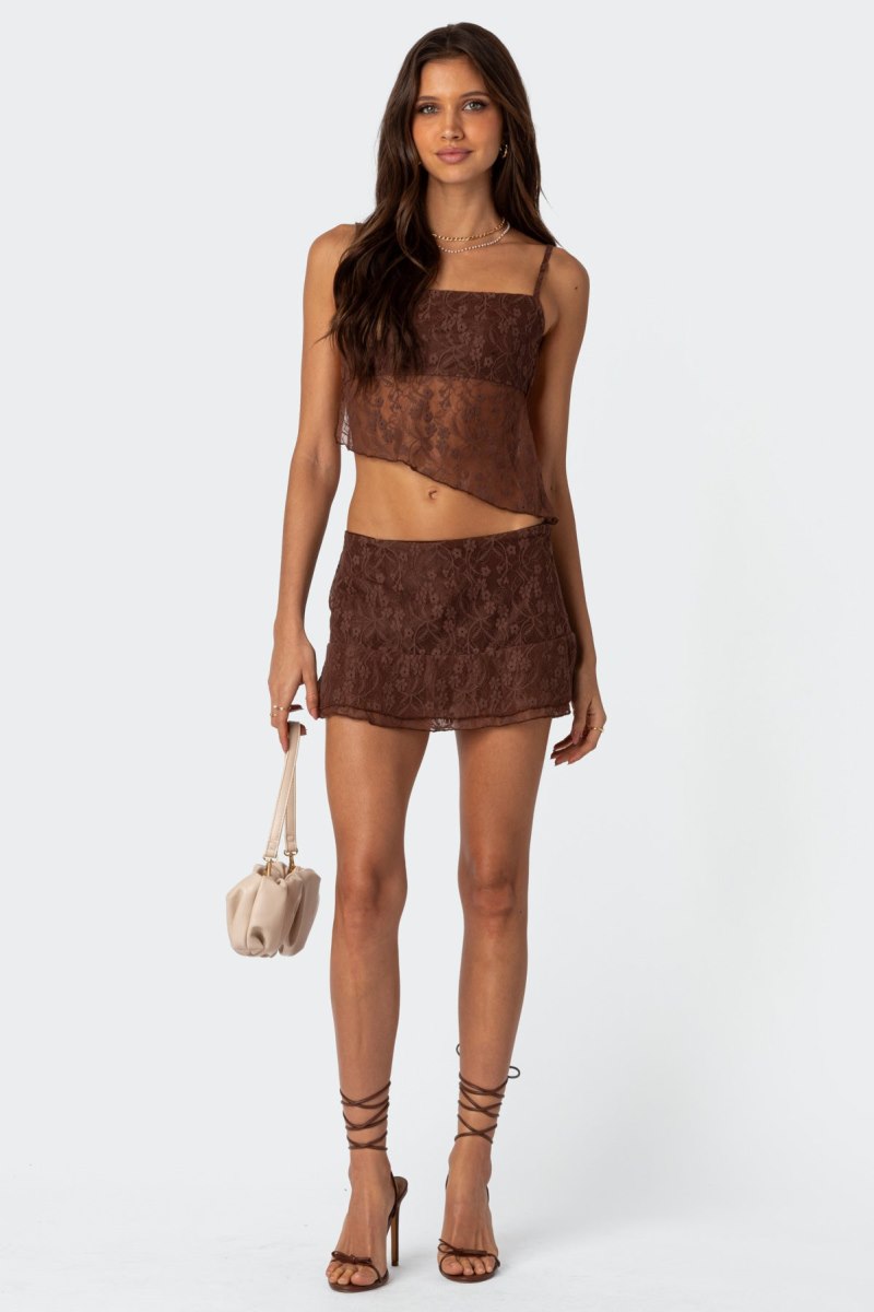 Edikted Lyra Open Back Lace Tank Crop Tops Brown | USA PI501160M3