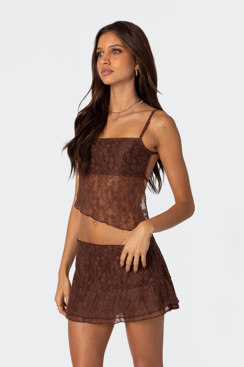 Edikted Lyra Open Back Lace Tank Crop Tops Brown | USA PI501160M3