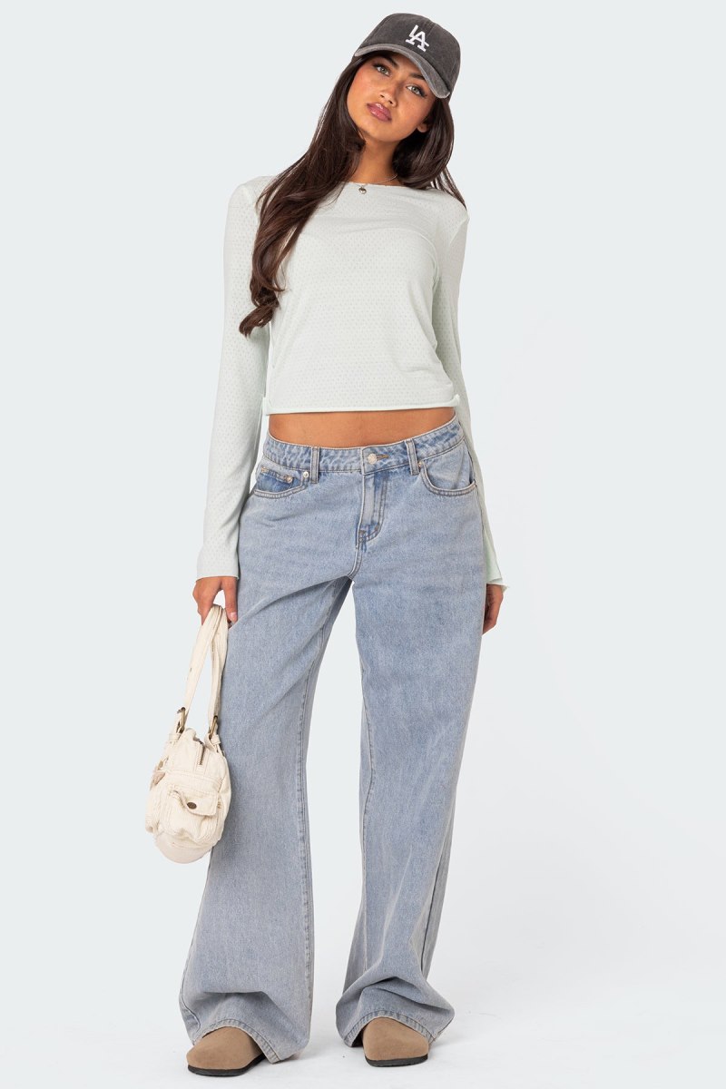 Edikted Maddison Pointelle Long Sleeve Tops Light Blue | USA CV805920V5