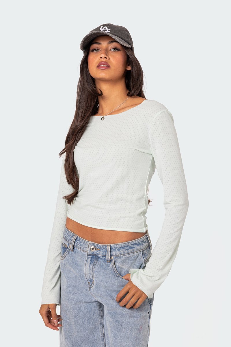 Edikted Maddison Pointelle Long Sleeve Tops Light Blue | USA CV805920V5