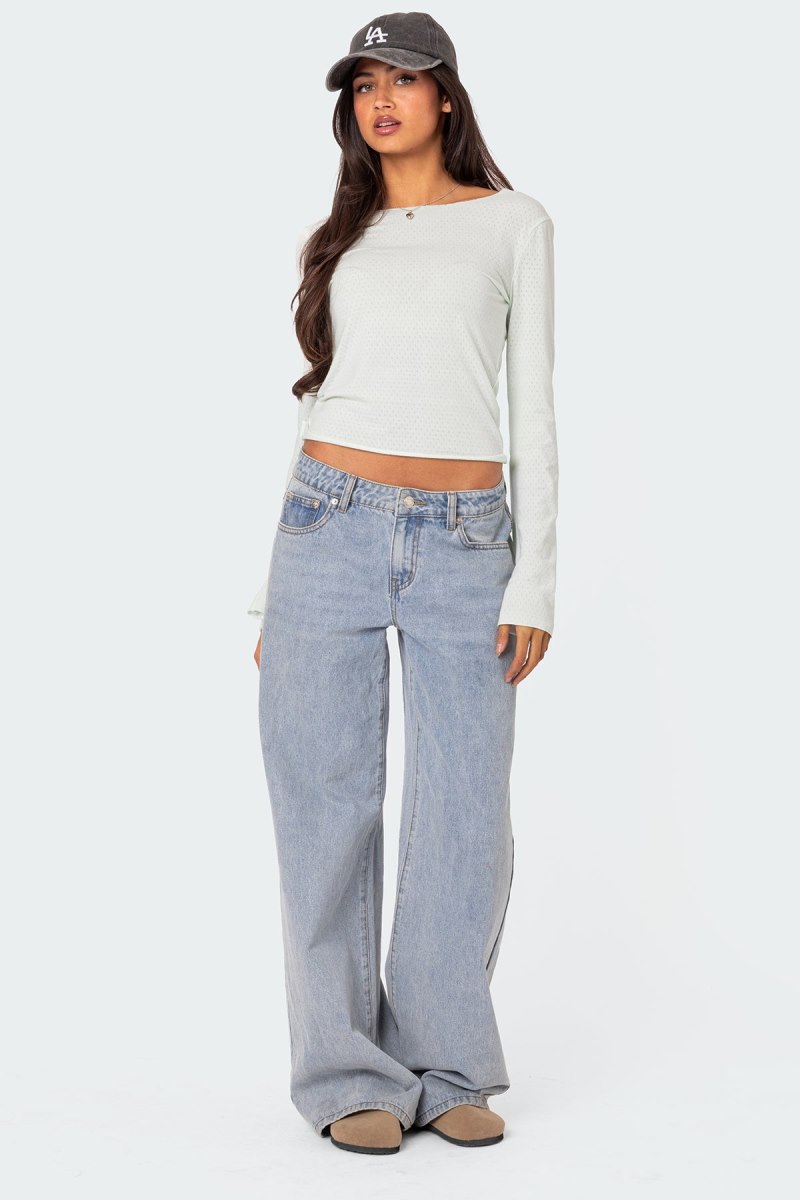 Edikted Maddison Pointelle Long Sleeve Tops Light Blue | USA CV805920V5