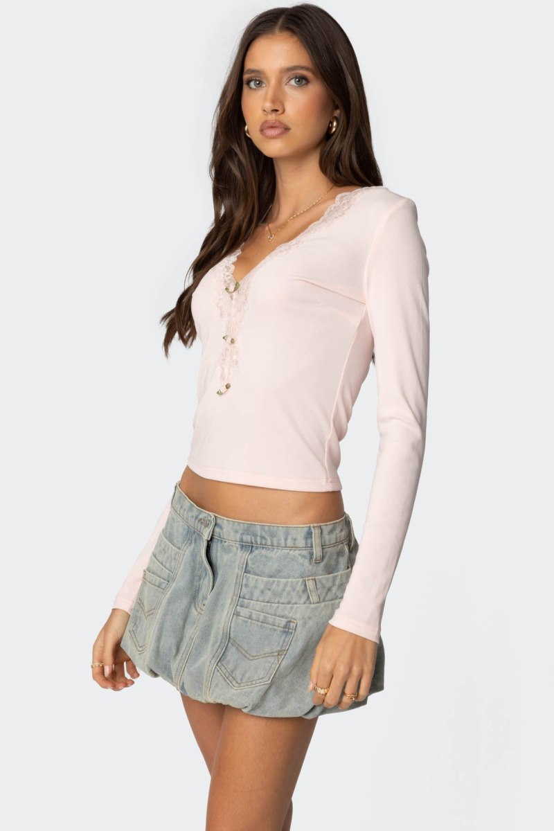 Edikted Madeline Lace Trim Ribbed Long Sleeve Tops Pink | USA BP038413B2