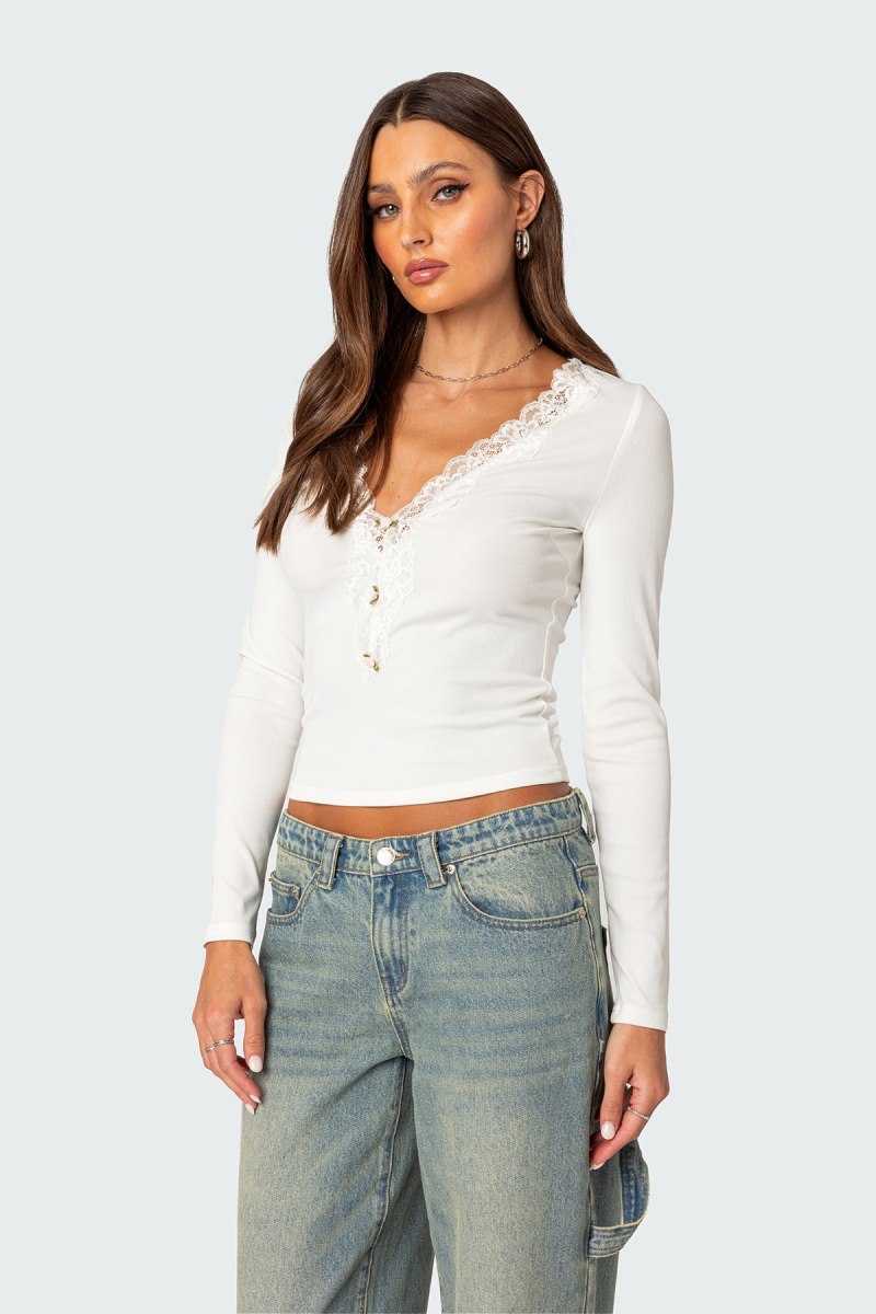 Edikted Madeline Lace Trim Ribbed Long Sleeve Tops Pink | USA YU235813V3