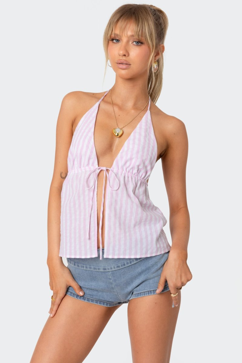 Edikted Madelyn Tie Front Tank Top Blue And White | USA BG911891D3