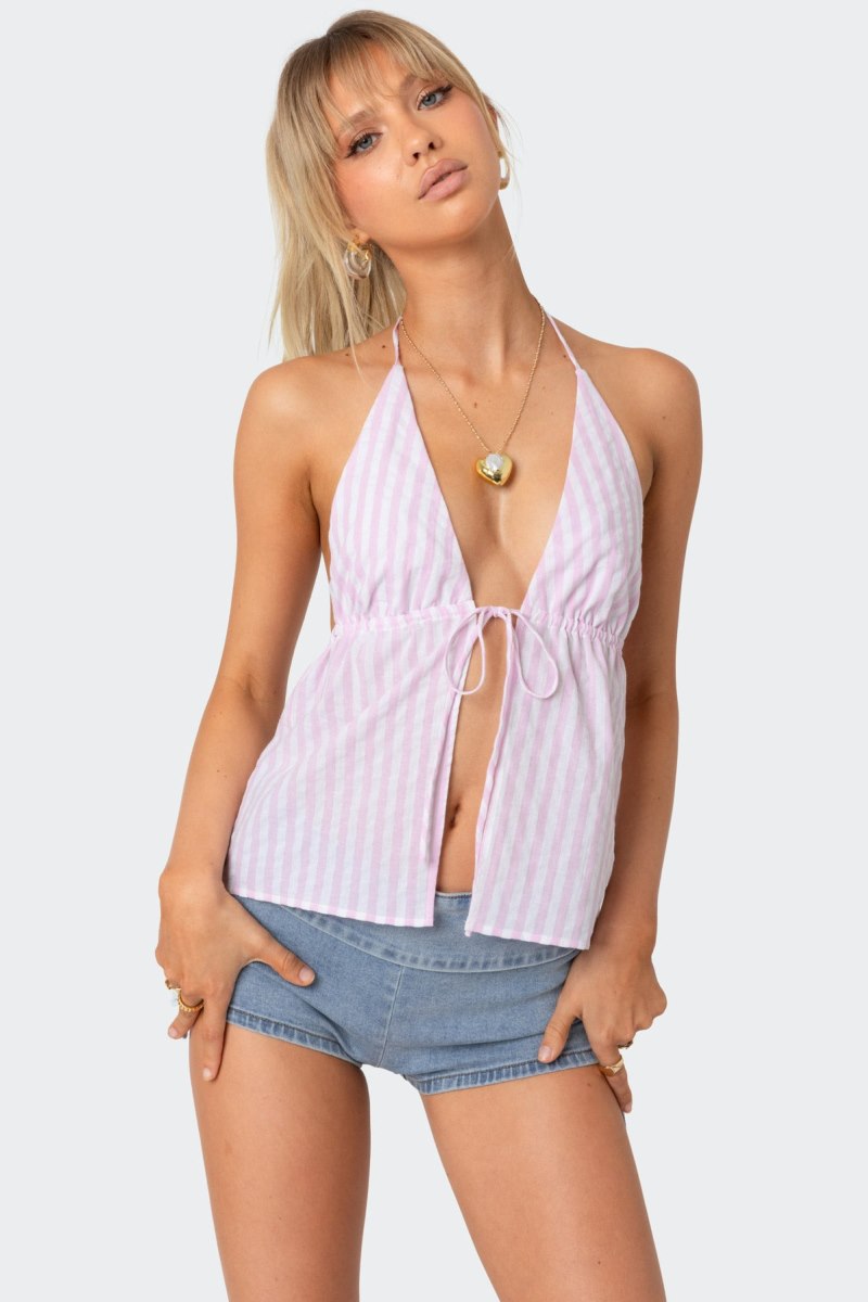 Edikted Madelyn Tie Front Tank Top Blue And White | USA BG911891D3