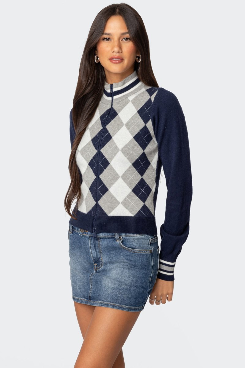 Edikted Madisen Argyle Knit Cardigan Long Sleeve Tops Navy | USA AT684828T3