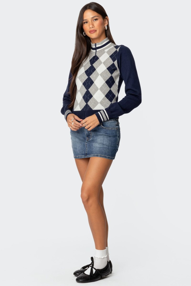 Edikted Madisen Argyle Knit Cardigan Long Sleeve Tops Navy | USA AT684828T3