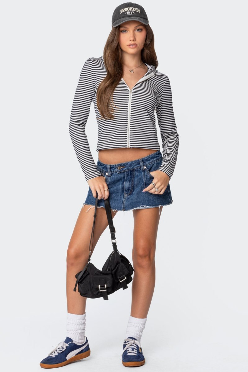 Edikted Madison Striped Zip Up Hoodie Long Sleeve Tops Navy And White | USA XA237973M1