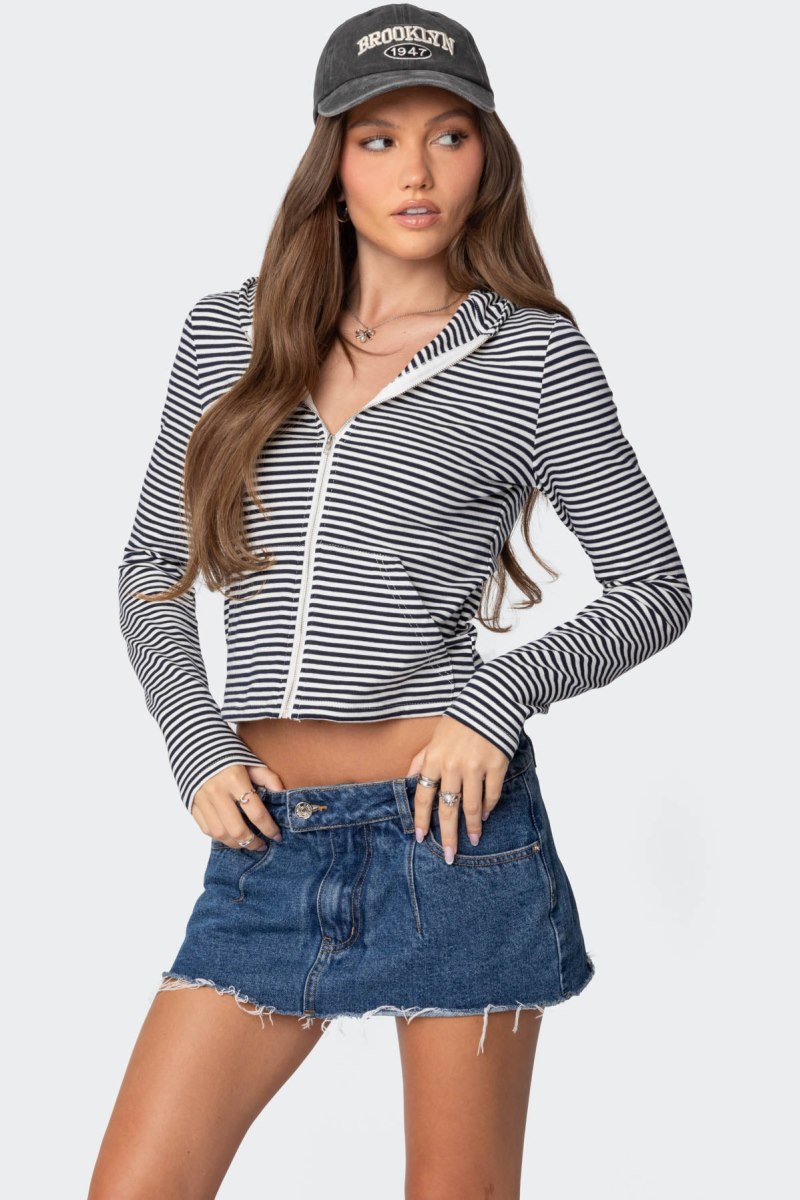 Edikted Madison Striped Zip Up Hoodie Long Sleeve Tops Navy And White | USA XA237973M1