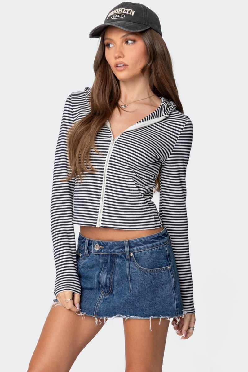 Edikted Madison Striped Zip Up Hoodie Long Sleeve Tops Navy And White | USA XA237973M1