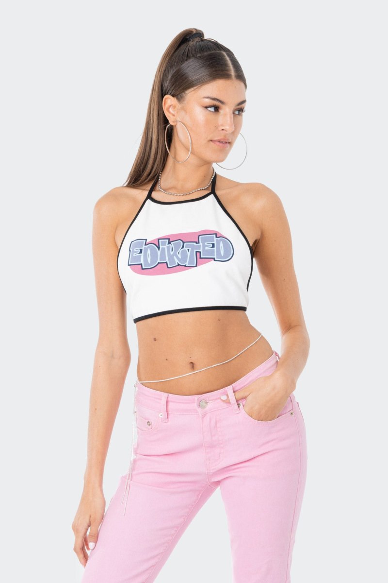 Edikted Mae Open-Back Halter Graphic Tops White | USA FQ670437I1