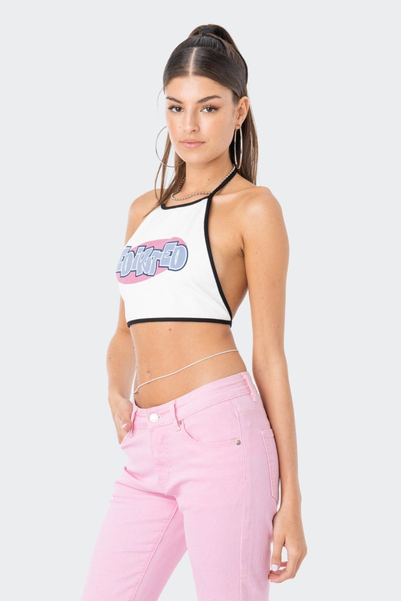 Edikted Mae Open-Back Halter Graphic Tops White | USA FQ670437I1