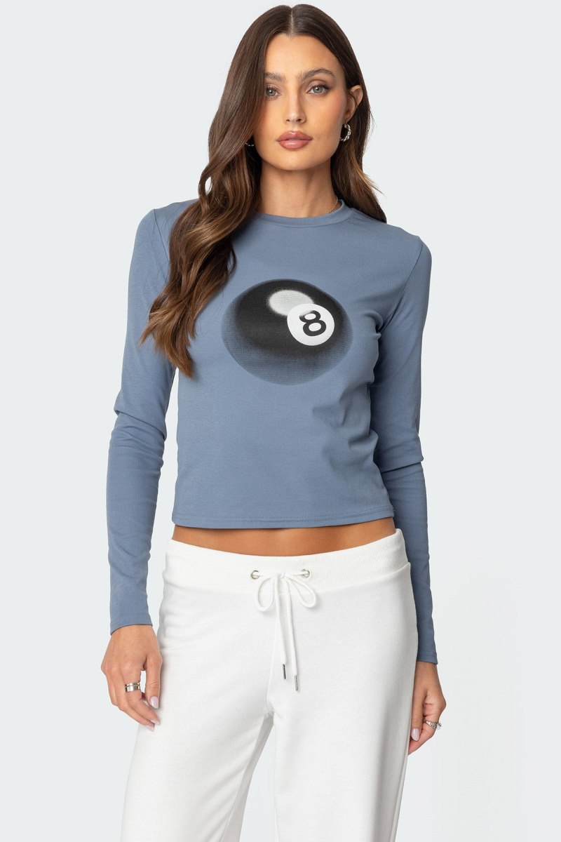 Edikted Magic 8 Long Sleeve T Shirt Graphic Tops Blue | USA SV129032M3