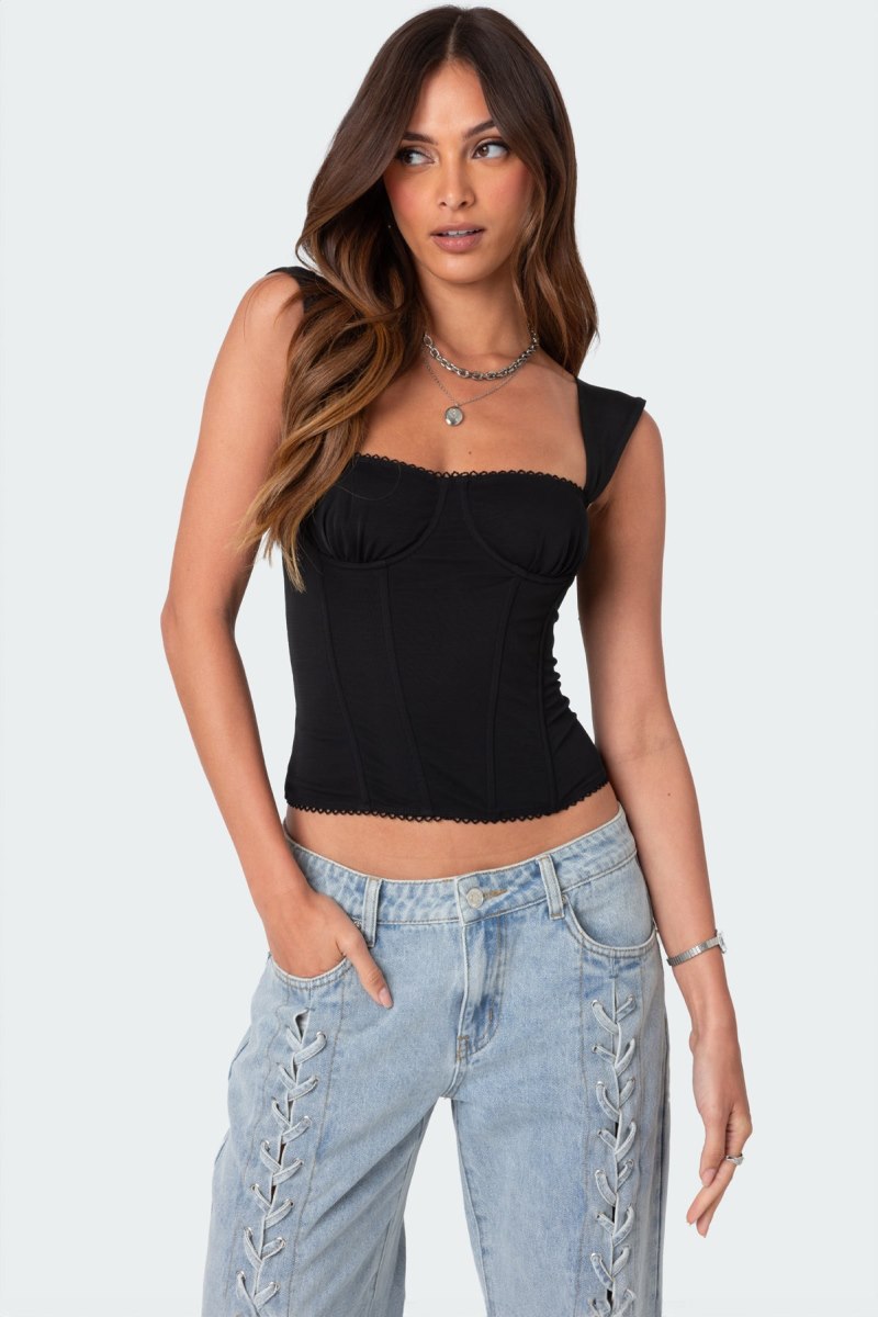 Edikted Marcella Wide Strap Mesh Corset Black | USA IC017901C7