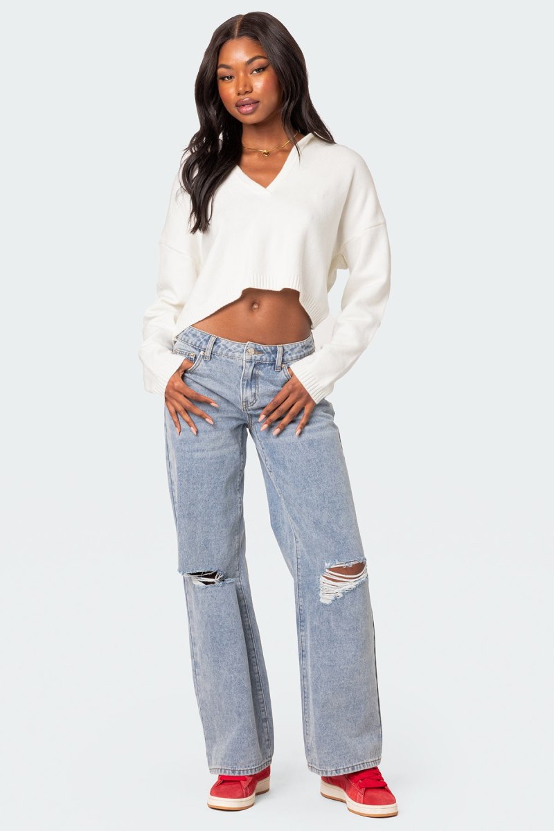 Edikted Marcie Oversize Cropped Sweater Crop Tops Cream | USA QS834463W9