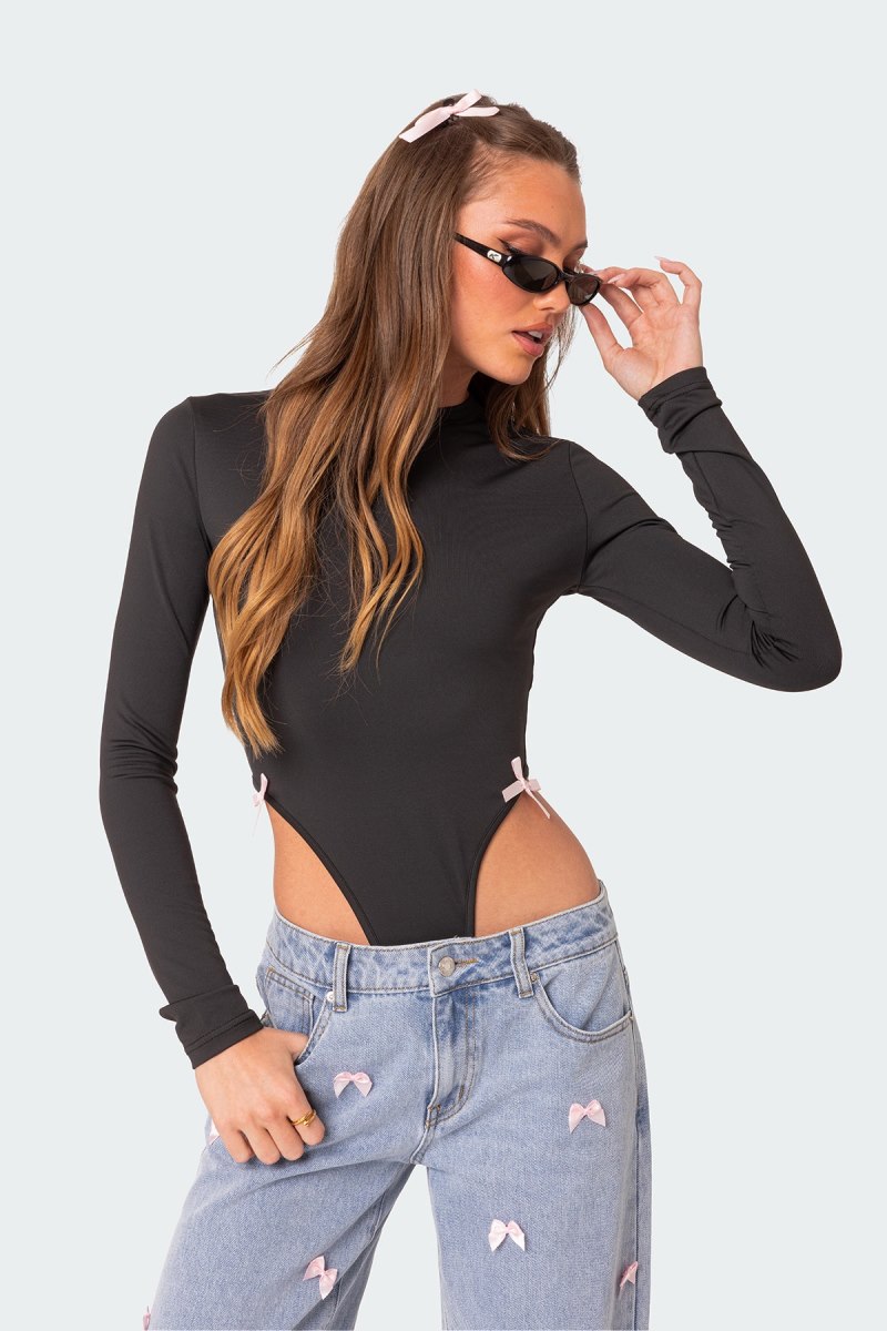Edikted Marlo High Cut Bodysuit Long Sleeve Tops Black | USA ID579337U6