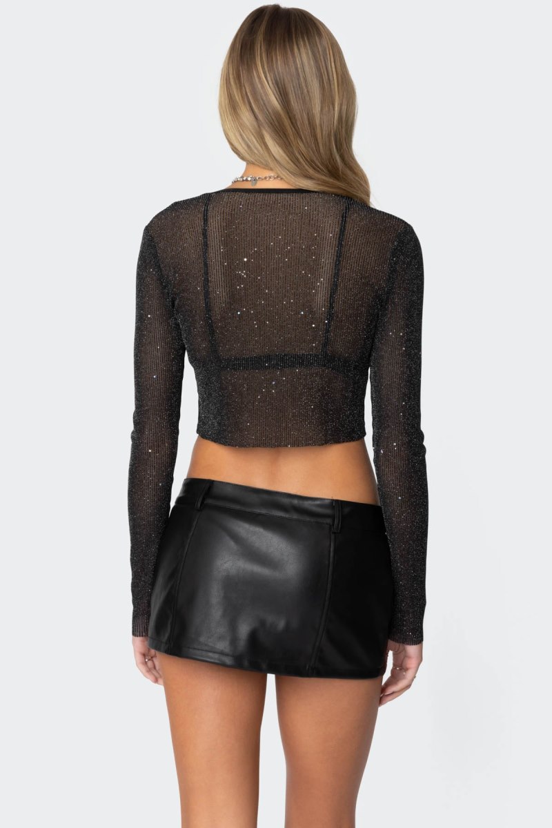 Edikted Marly Sheer Shimmer Sequin Long Sleeve Tops Black | USA MA513491H8