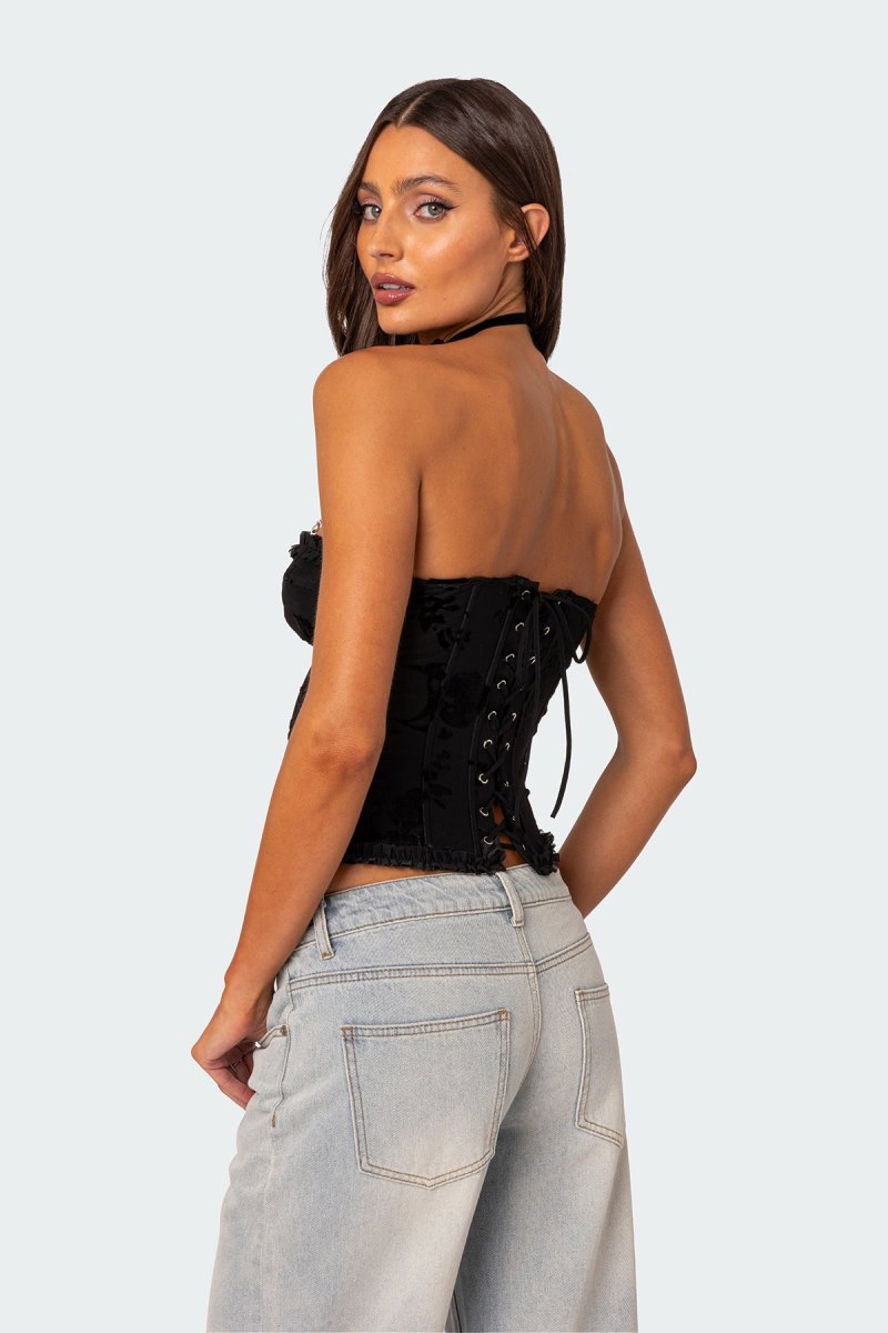 Edikted Marnie Velvet Embroidered Corset Strapless Tops Black | USA YJ570887P4