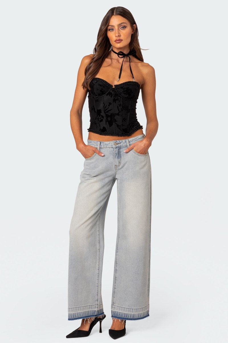 Edikted Marnie Velvet Embroidered Corset Strapless Tops Black | USA YJ570887P4