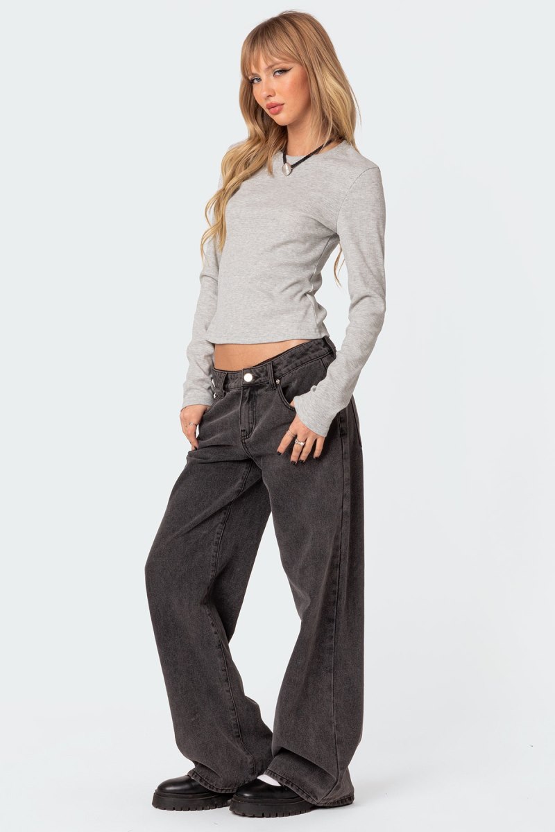 Edikted Marny Long Sleeve Waffle T Shirts Gray Melange | USA ZB308410S8