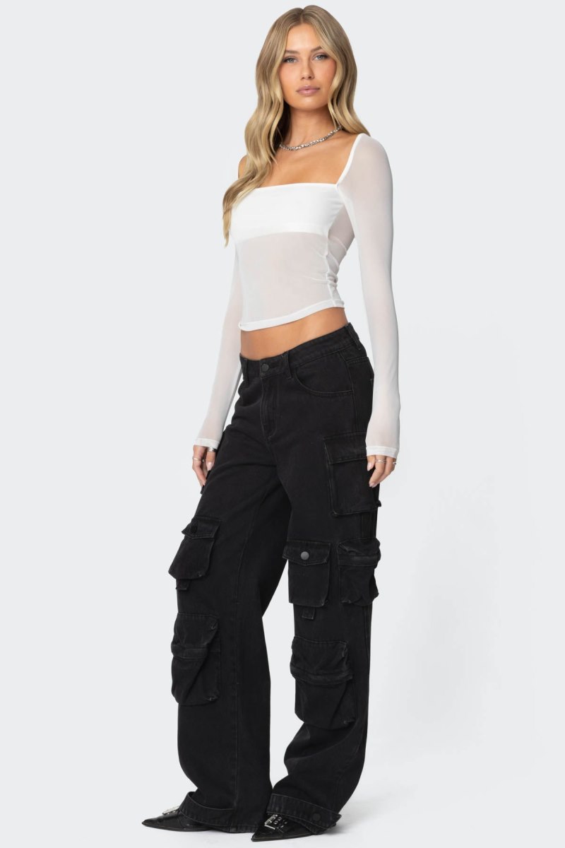 Edikted Marta Mesh Long Sleeve Tops Black | USA LE390249Y1