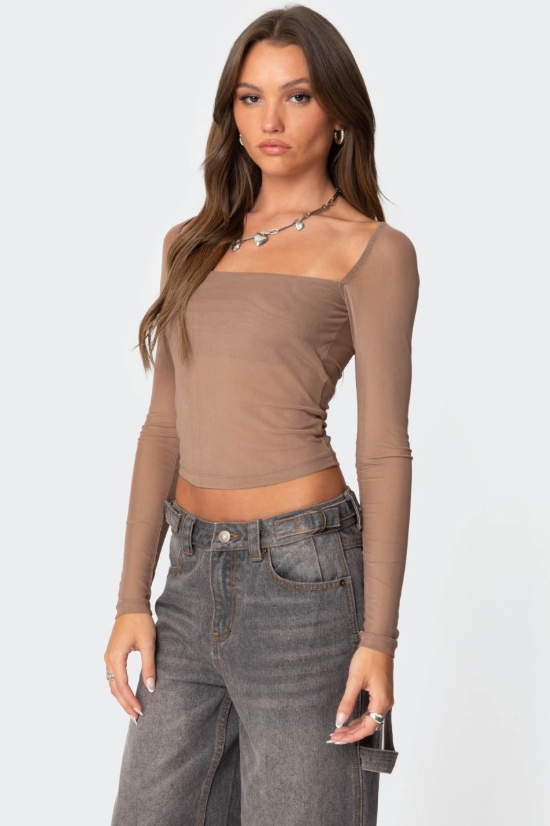Edikted Marta Mesh Long Sleeve Tops Black | USA BS185628X6