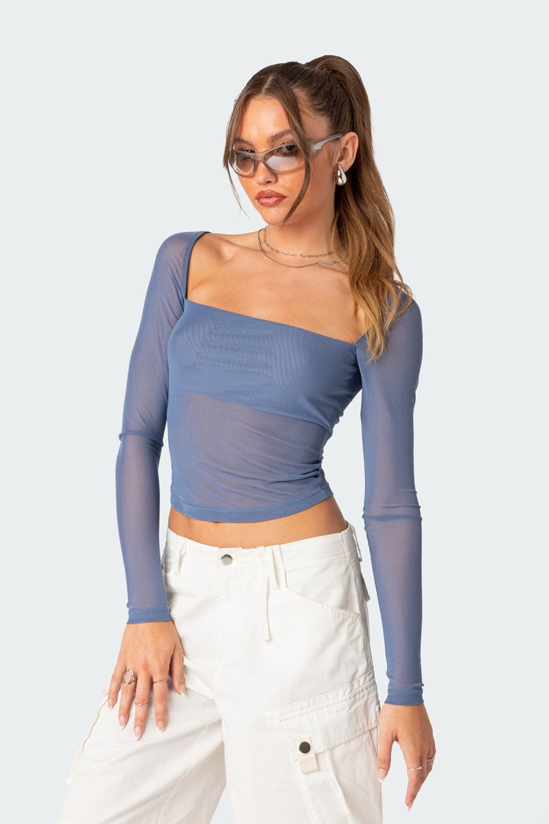 Edikted Marta Mesh Long Sleeve Tops Black | USA WS880728Q1