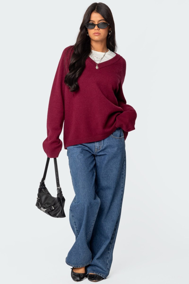Edikted Martha Oversized V Neck Sweater Burgundy | USA NC564536V9
