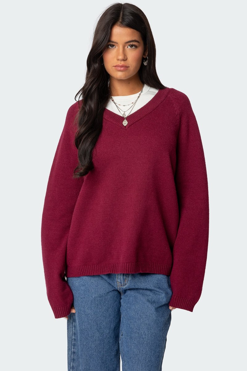 Edikted Martha Oversized V Neck Sweater Burgundy | USA NC564536V9