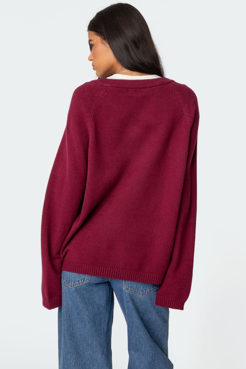 Edikted Martha Oversized V Neck Sweater Burgundy | USA NC564536V9