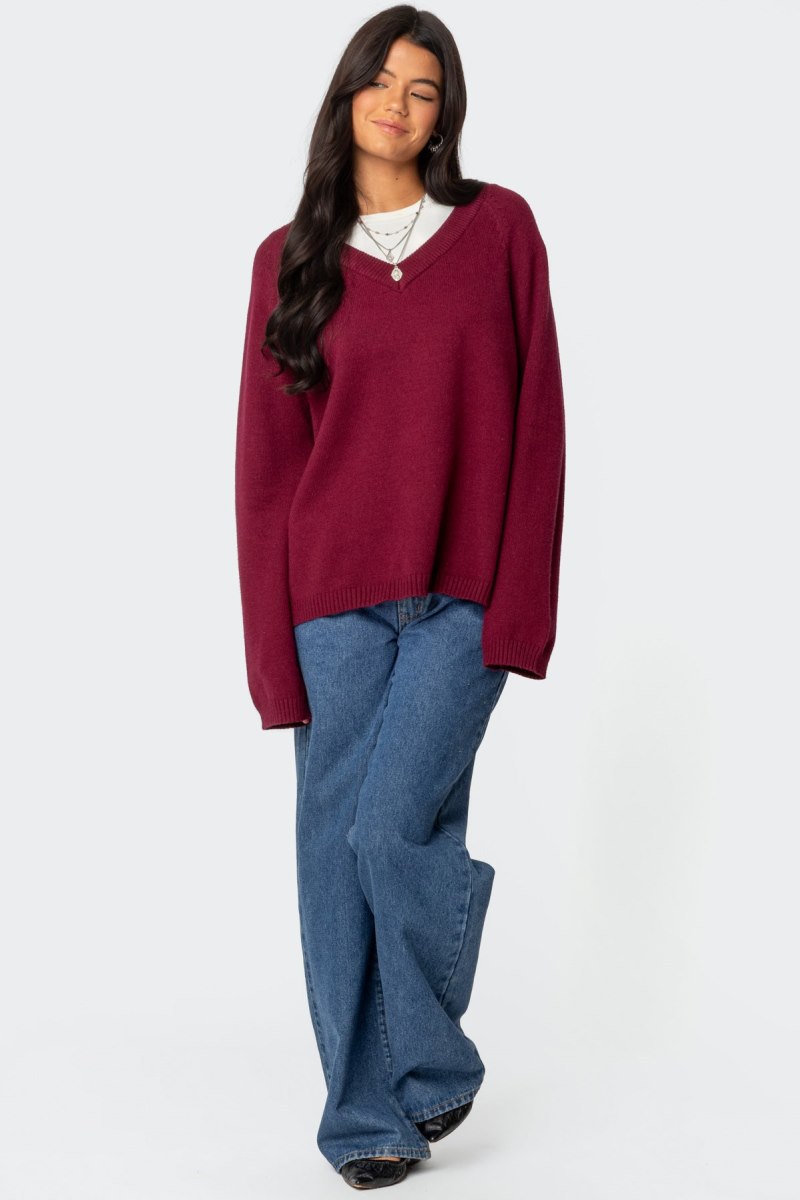 Edikted Martha Oversized V Neck Sweater Burgundy | USA NC564536V9