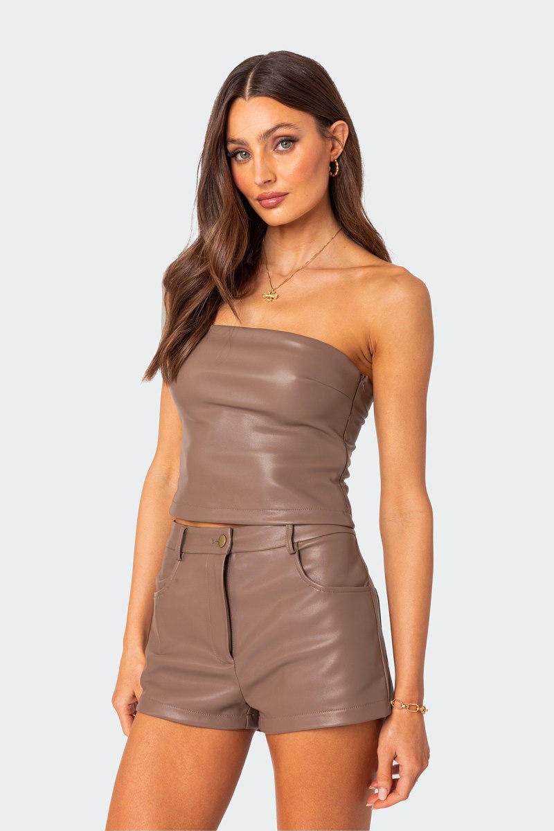 Edikted Martine Faux Leather Tube Strapless Tops Brown | USA RM214951J9