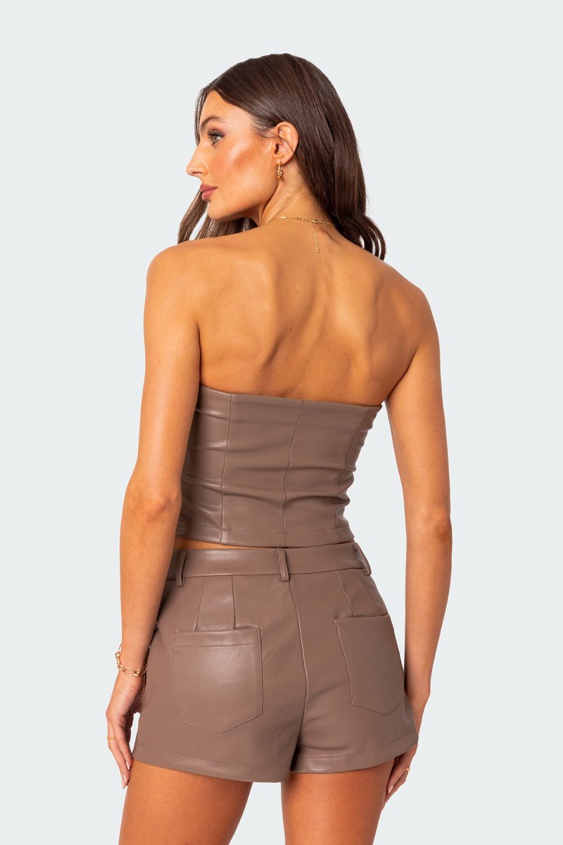 Edikted Martine Faux Leather Tube Strapless Tops Brown | USA RM214951J9
