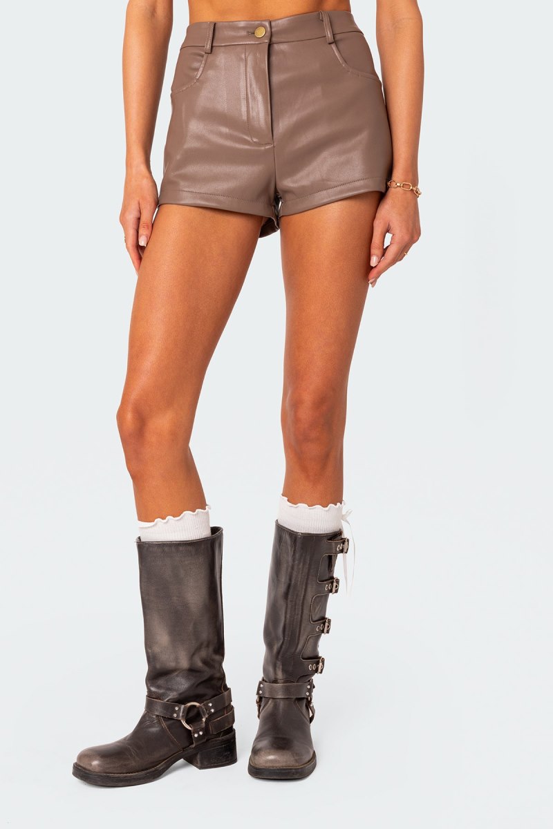 Edikted Martine High Rise Faux Leather Shorts Brown | USA HW642634O1