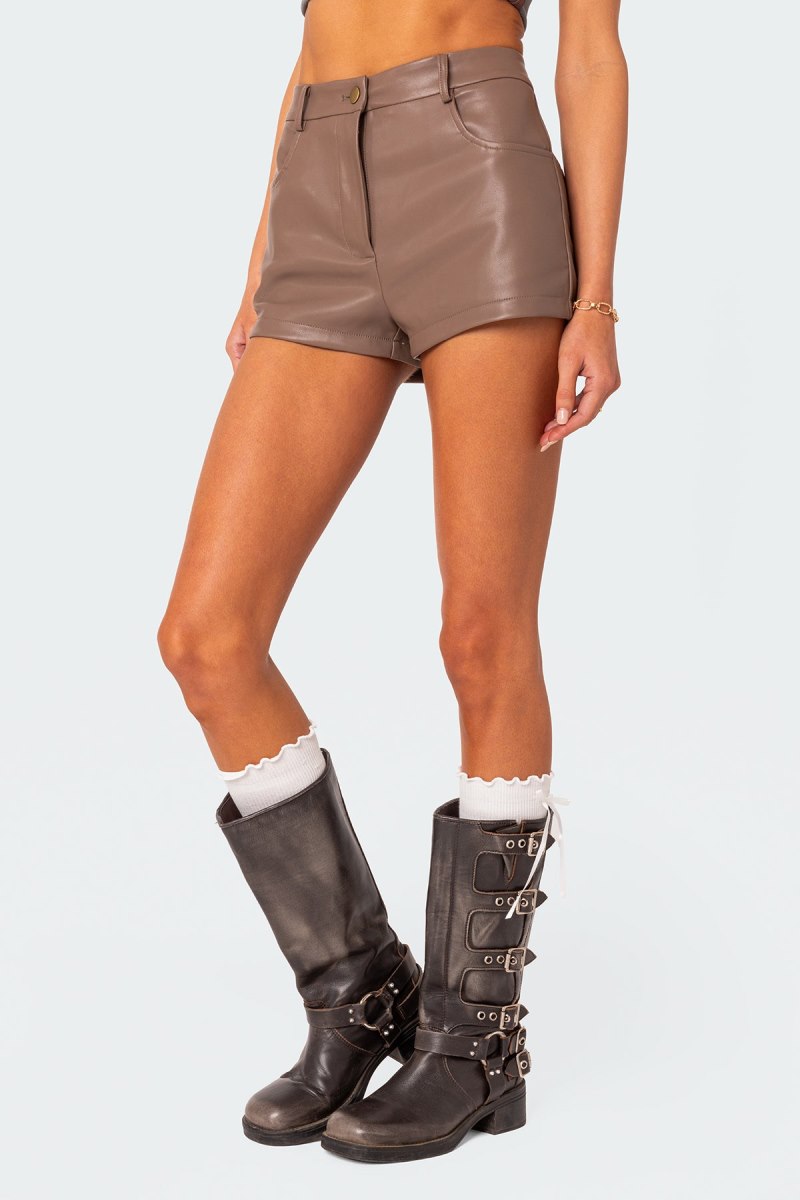 Edikted Martine High Rise Faux Leather Shorts Brown | USA HW642634O1
