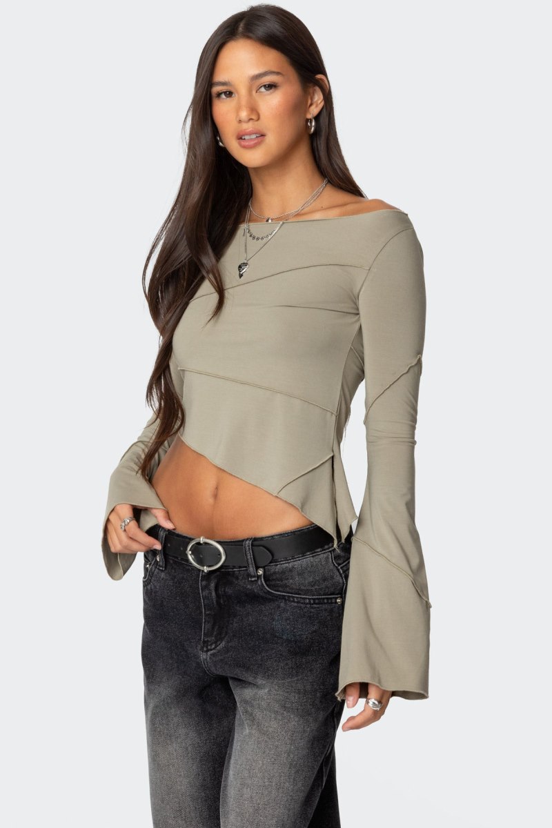 Edikted Maura Boat Neck Asymmetric Long Sleeve Tops Green | USA KL183638I3