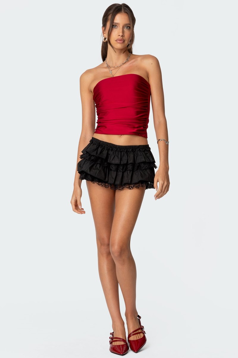 Edikted Maxeen Shiny Gathered Tube Strapless Tops Burgundy | USA XL570137G0