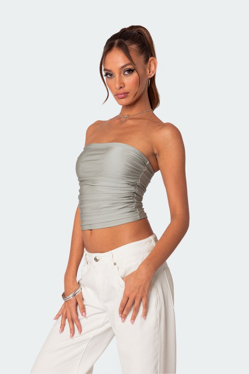 Edikted Maxeen Shiny Gathered Tube Strapless Tops Burgundy | USA YT035863C5