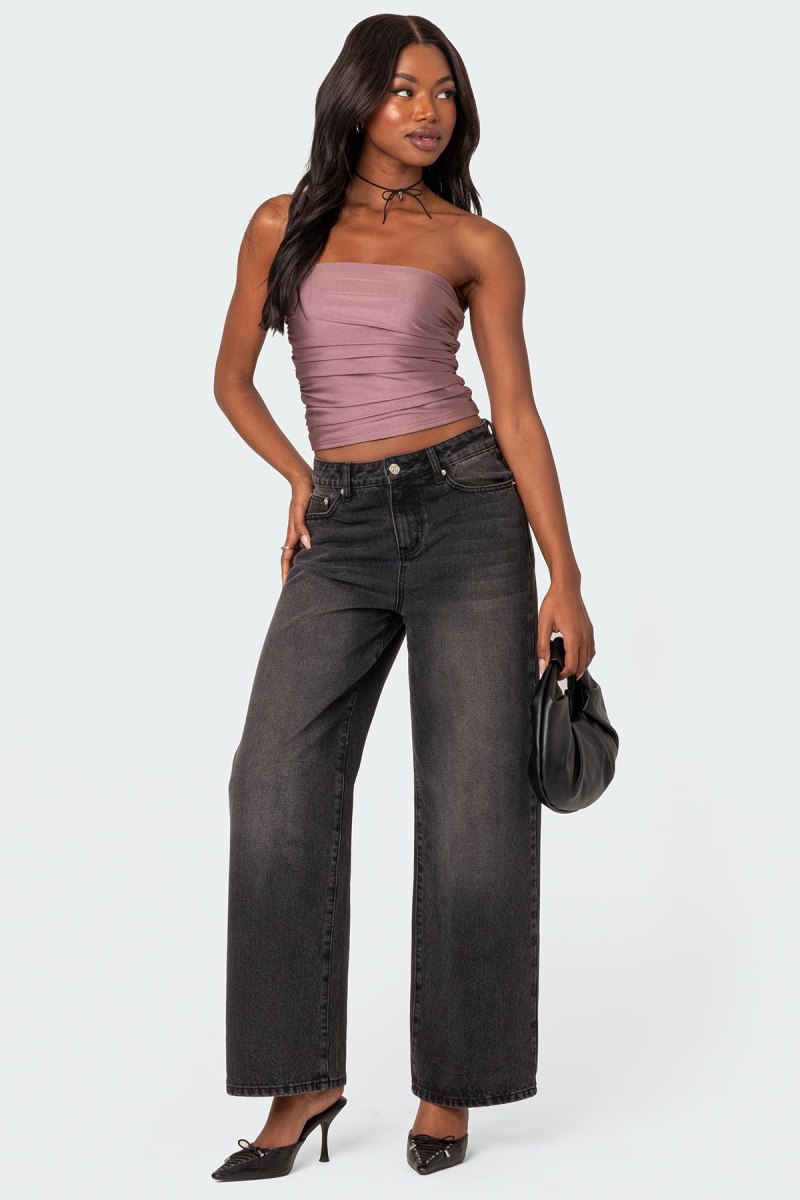 Edikted Maxeen Shiny Gathered Tube Strapless Tops Burgundy | USA XQ398719H3