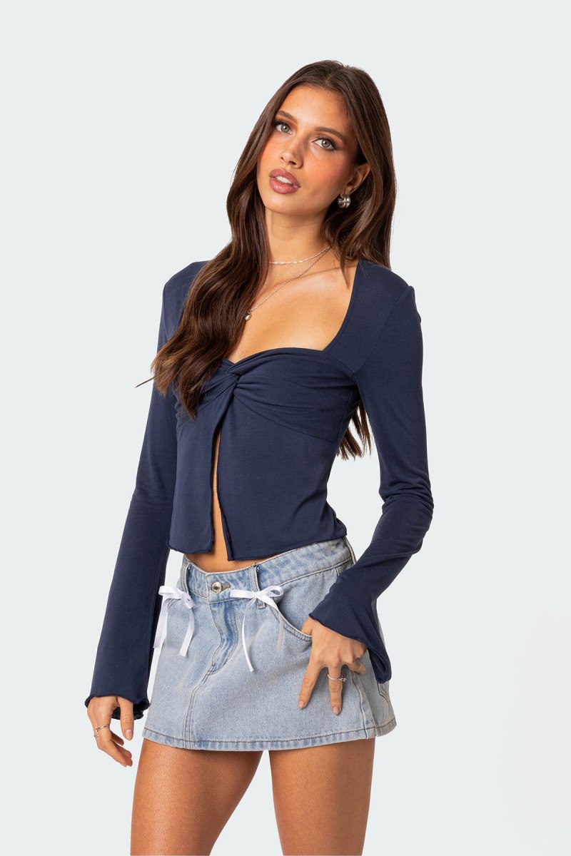Edikted Maxine Twist Front Long Sleeve Tops Navy | USA RN435853D2