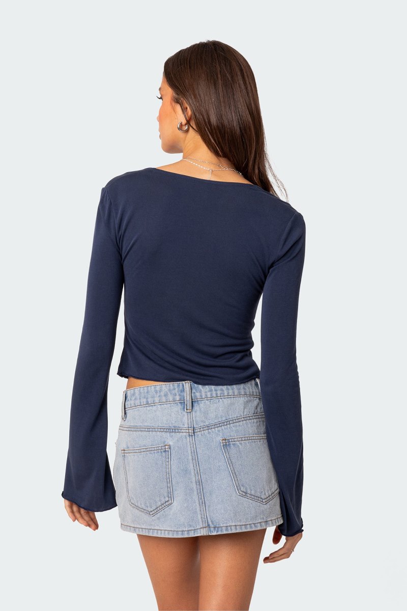 Edikted Maxine Twist Front Long Sleeve Tops Navy | USA RN435853D2