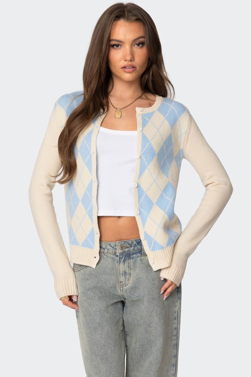 Edikted Maybelle Argyle Cardigan Cream And Blue | USA JO717721S4