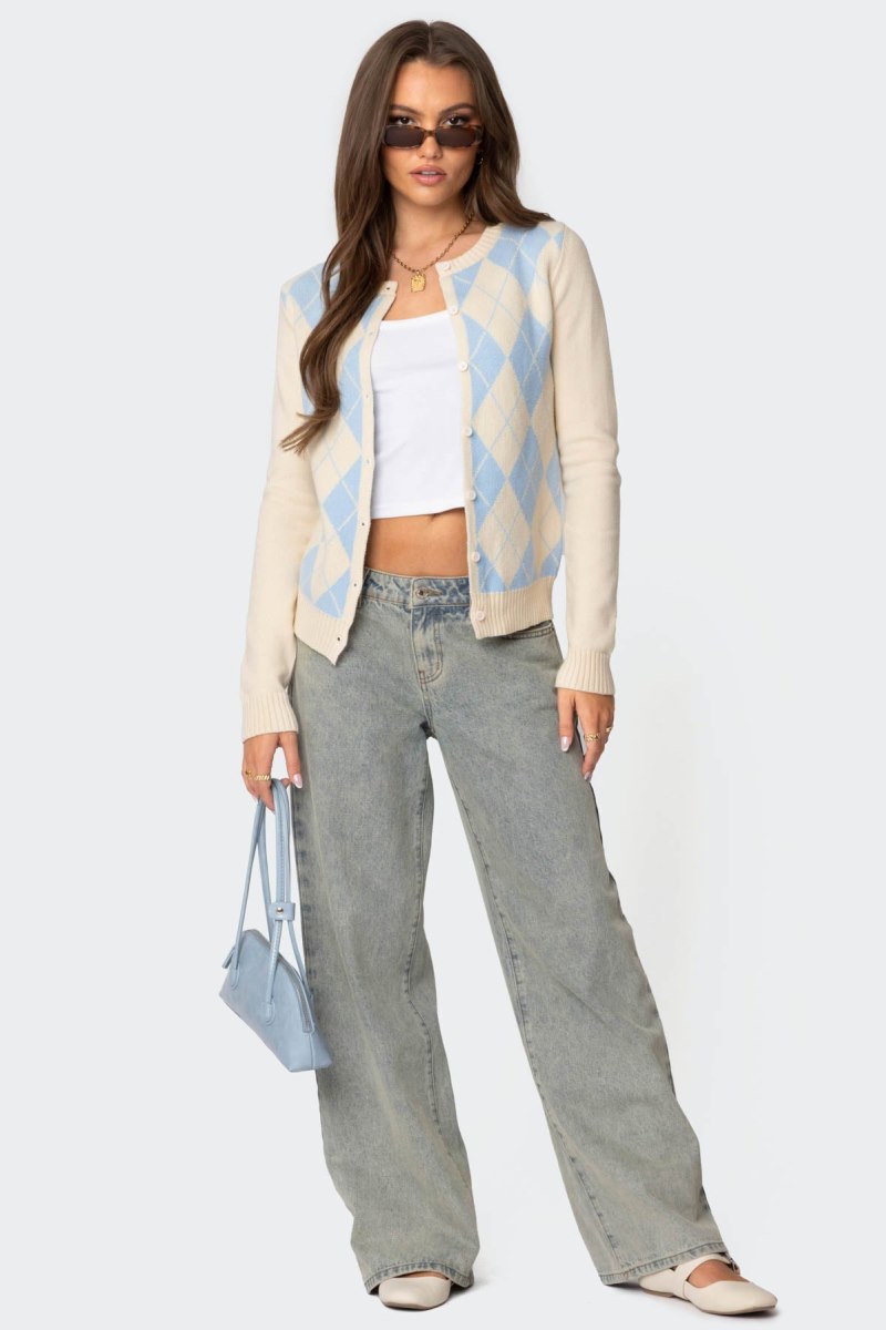 Edikted Maybelle Argyle Cardigan Long Sleeve Tops Cream And Blue | USA UV928572M0