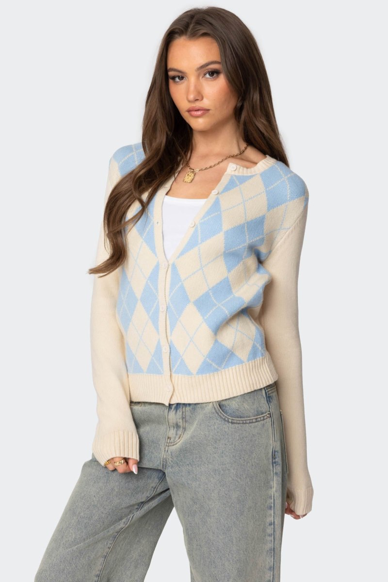Edikted Maybelle Argyle Cardigan Long Sleeve Tops Cream And Blue | USA UV928572M0