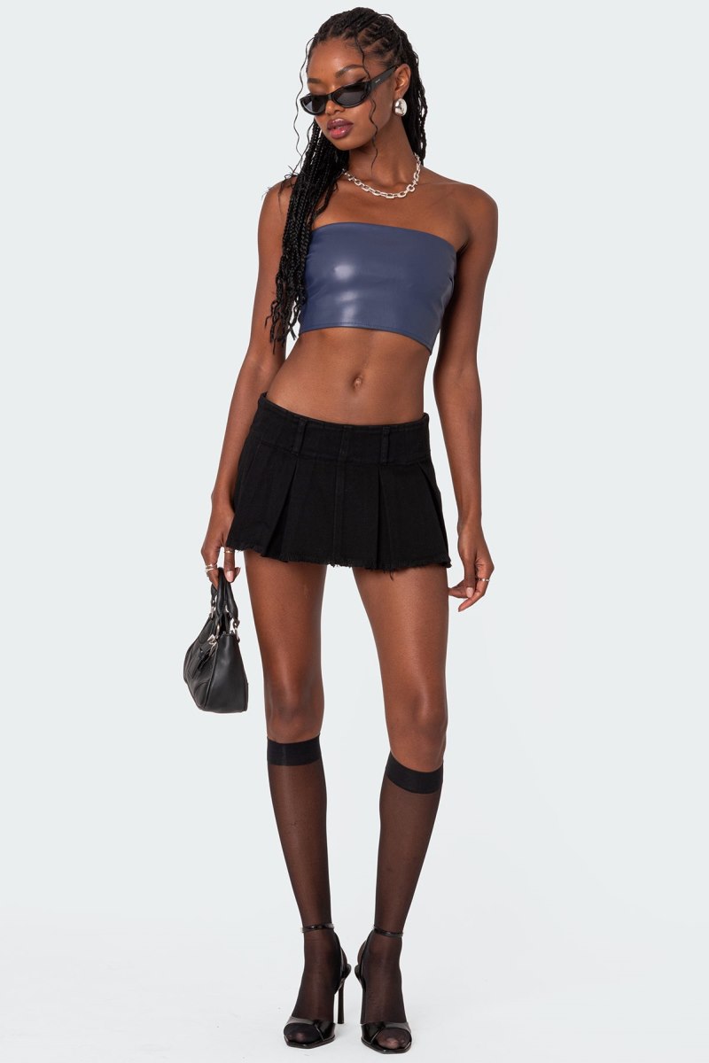 Edikted Mazie Faux Leather Bandeau Strapless Tops Navy | USA WG559235B1